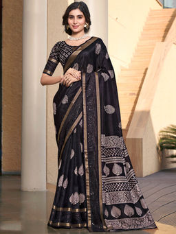 SANSKAR - Black Cotton Leaf Zari Bordered Printed Saree with Unstitched Blouse