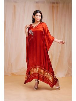 Farha Syed - Hand Embroidered Modal Satin Silk Kaftan Dress - Rust Red