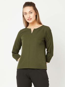 SALT Attire - Humble-Olive Round Slit Neckline Top