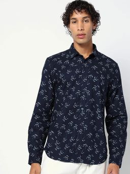 GAP - Navy Blue Men's Slim Floral Spread Collar Shirt