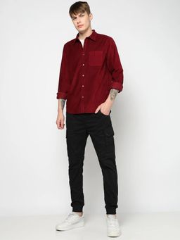 GAP - Maroon Men's Textured Spread-Collar Full-Sleeve Shirt