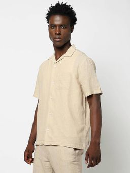 GAP - Beige Men's Solid Short Sleeve Regular Fit Linen Shirt