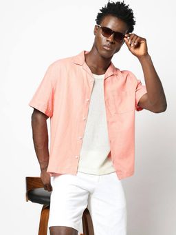 GAP - Pink Men's Solid Short Sleeve Regular Fit Linen Shirt