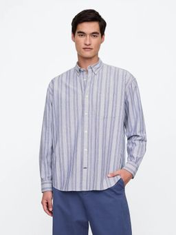 GAP - Blue Men's Striped Oversize Big Shirt with Spread Collar
