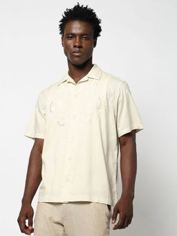 GAP - Beige Men's Cut-Work Pattern Camp Collar Shirt