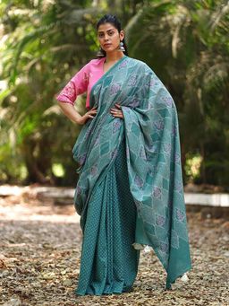 Chidiyaa - Violet's Vow Teal Green Block Printed Saree