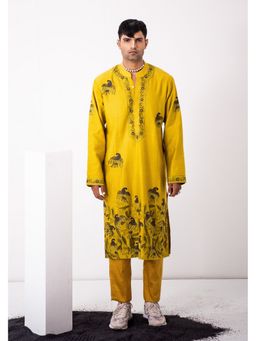 WABI SABI by Anshum-Ritesh - Flock Parrot Mustard Thread Work Kurta with Pant