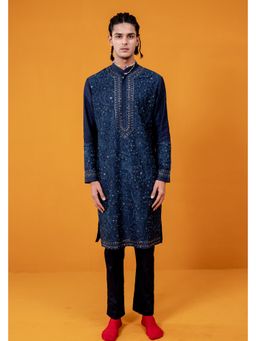 WABI SABI by Anshum-Ritesh - Rose Garden Navy Blue Thread Work Kurta with Pant
