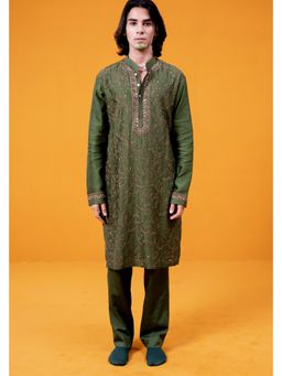 WABI SABI by Anshum-Ritesh - Scrolls Olive Thread Work Kurta with Pant