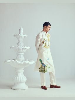 WABI SABI by Anshum-Ritesh - Peacock Feather Ivory Hand Painted Kurta with Pant