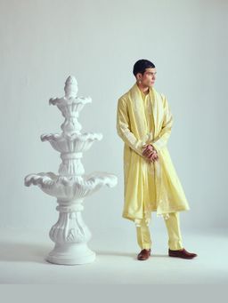 WABI SABI by Anshum-Ritesh - Boteh-Ye Boland Yellow Thread Work Kurta with Pant and Dupatta