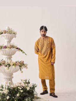WABI SABI by Anshum-Ritesh - Gilded Petal Mustard Thread Work Kurta with Pant