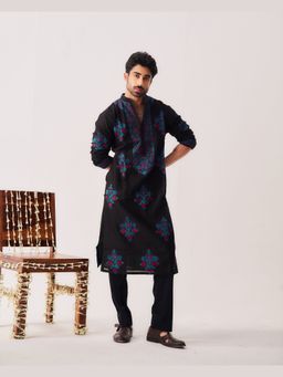 WABI SABI by Anshum-Ritesh - Twilight Flora Black Thread Work Kurta with Pant