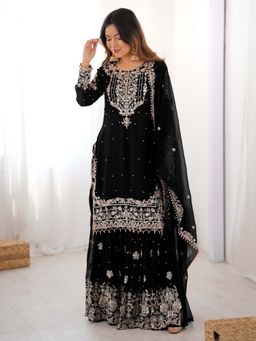 Odette - Women Georgette Black Embroidered Kurta with Sharara and Dupatta