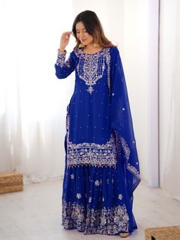 Odette - Women Georgette Blue Embroidered Kurta with Sharara and Dupatta