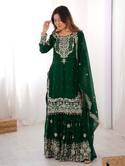 Odette - Women Georgette Green Embroidered Kurta with Sharara and Dupatta