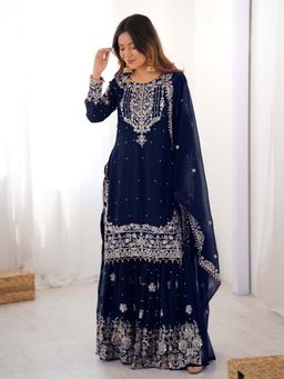 Odette - Women Georgette Navy Blue Embroidered Kurta with Sharara and Dupatta