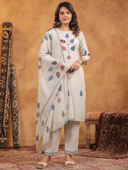 SPAN - Women Cotton Linen White Printed Kurta with Pant and Dupatta