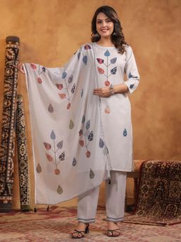 SPAN - Women Cotton Linen Grey Printed Kurta with Pant and Dupatta