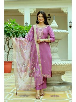 J.KANJI - Women Viscose Rayon Purple Embroidered Kurta with Pant and Dupatta