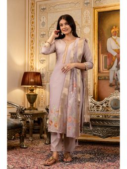 J.KANJI - Women Viscose Rayon Lavender Embroidered Kurta with Pant and Dupatta