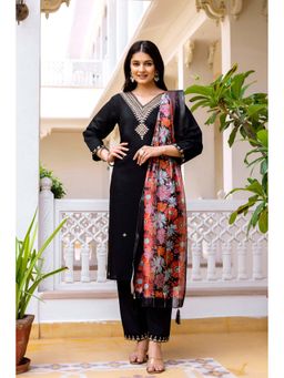 J.KANJI - Women Viscose Rayon Black Embroidered Kurta with Pant and Dupatta