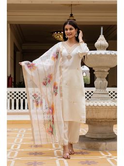 J.KANJI - Women Viscose Rayon Off White Embroidered Kurta with Pant and Dupatta