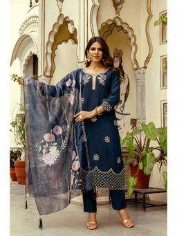 J.KANJI - Women Viscose Rayon Navy Blue Embroidered Kurta with Pant and Dupatta
