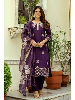 J.KANJI - Women Viscose Rayon Purple Embroidered Kurta with Pant and Dupatta