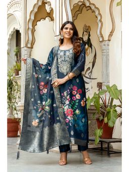 J.KANJI - Women Jacquard Navy Blue Floral Kurta with Pant and Dupatta