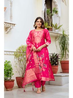 J.KANJI - Women Jacquard Pink Floral Kurta with Pant and Dupatta