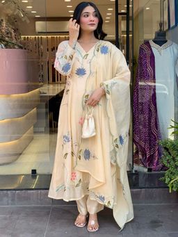 J.KANJI - Women Cotton Off White Embroidered Anarkali Kurta with Pant and Dupatta