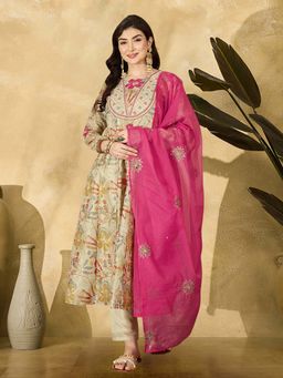 KVS FAB - Women Silk Blend Cream Floral Anarkali Kurta with Pant and Dupatta