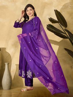 KVS FAB - Women Silk Blend Purple Embroidered Anarkali Kurta with Pant and Dupatta