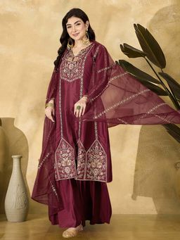 KVS FAB - Women Silk Blend Maroon Embroidered Kurta with Sharara and Dupatta