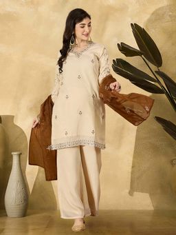 KVS FAB - Women Silk Blend Cream Embroidered Kurta with Pant and Dupatta