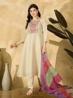 KVS FAB - Women Silk Blend Cream Embroidered Anarkali Kurta with Pant and Dupatta