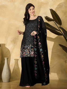 KVS FAB - Women Georgette Black Embellished Kurta with Palazzo and Dupatta