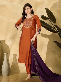 KVS FAB - Women Silk Blend Rust Embroidered Kurta with Pant and Dupatta