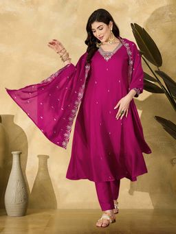 KVS FAB - Women Silk Blend Magenta Embroidered Kurta with Pant and Dupatta