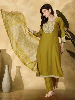 KVS FAB - Women Silk Blend Olive Embroidered Kurta with Pant and Dupatta