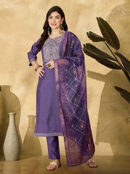 KVS FAB - Women Silk Blend Purple Embroidered Kurta with Pant and Dupatta