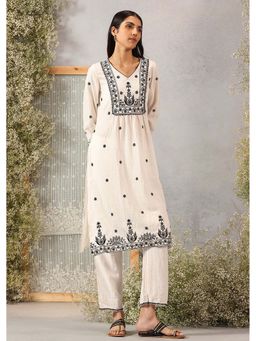 Lakshita - Women Chanderi White Embroidered Kurta with Pant