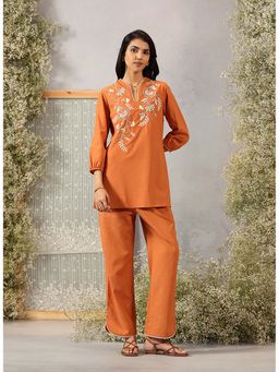 Lakshita - Women Rayon Slub Orange Embroidered Co-Ord Set