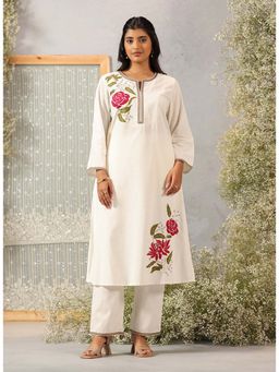 Lakshita - Women Cotton Linen White Embroidered Kurta with Pant