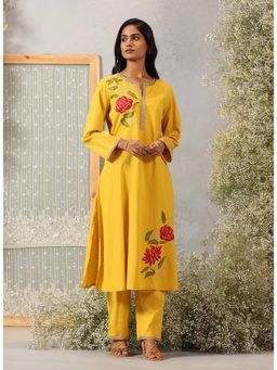 Lakshita - Women Cotton Linen Yellow Embroidered Kurta with Pant