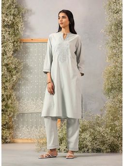 Lakshita - Women Cotton Flex Grey Embroidered Kurta with Pant