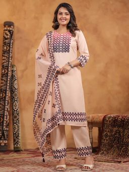 SPAN - Women Cotton Linen Peach Printed Kurta with Pant and Dupatta
