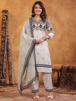 SPAN - Women Cotton Linen Grey Printed Kurta with Pant and Dupatta