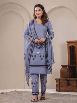 SPAN - Women Cotton Linen Blue Printed Kurta with Pant and Dupatta